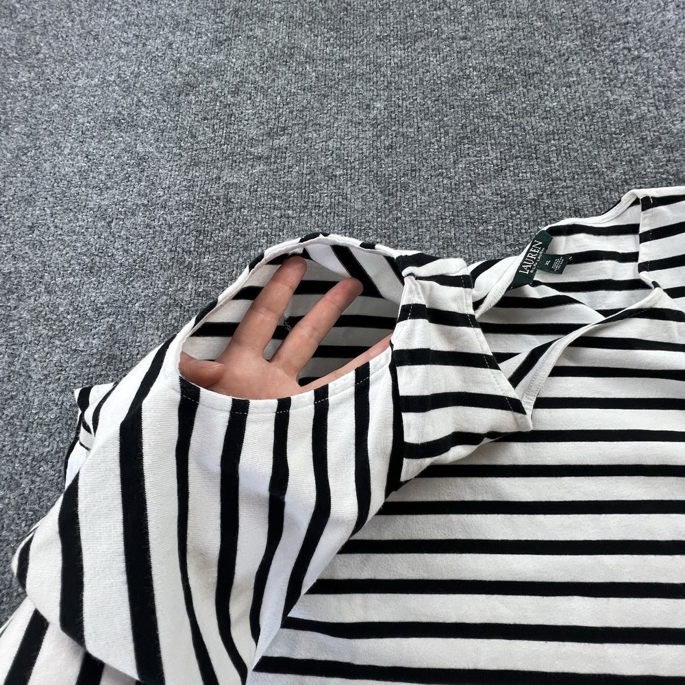 Lauren Ralph Lauren Striped Dress Womens XL Blk Wht Cotton Cold Shoulder Ruffle - Picture 6 of 11
